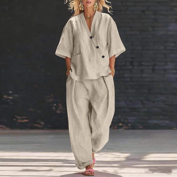 Caywon Womens 2 Piece Short Sleeve Button Top Pants Set V Neck Elastic Waist Loungewear Breathable Wrinkle-Free Casual Loose Fit Conjunto de Ropa para Mujer
