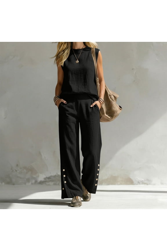 Womens 2 Piece Square Neck Cami Top Wide Leg Pants Set Sleeveless Elastic Waist Loungewear Breathable Wrinkle-Free Casual Loose Fit Conjunto de Ropa para Mujer