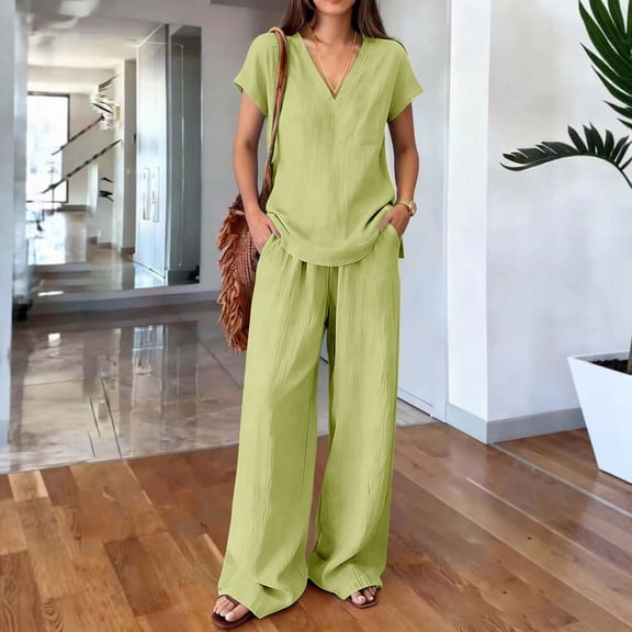 Caywon Womens 2 Piece V-Neck Flutter Sleeve Top Wide Leg Pants Set Elastic Waist Loungewear Breathable Wrinkle-Free Casual Loose Fit Conjunto de Ropa para Mujer