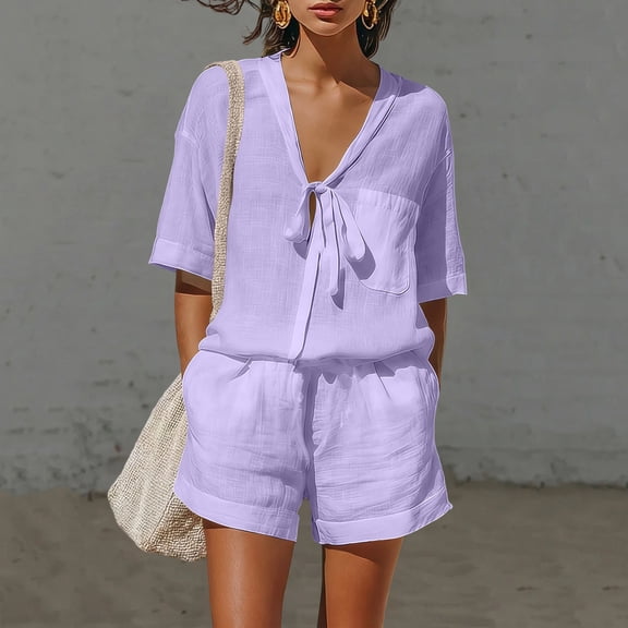 Caywon Womens 2 Piece V Neck Short Sleeve Top Shorts Set Button Front Elastic Waist Loungewear Breathable Wrinkle-Free Casual Loose Fit Conjunto de Ropa para Mujer