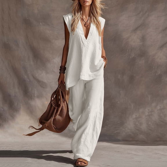 Caywon Womens 2 Piece V-Neck Sleeveless Top Elastic Waist Wide Leg Pants Set Casual Loungewear Breathable Wrinkle-Free Loose Fit Conjunto de Ropa para Mujer