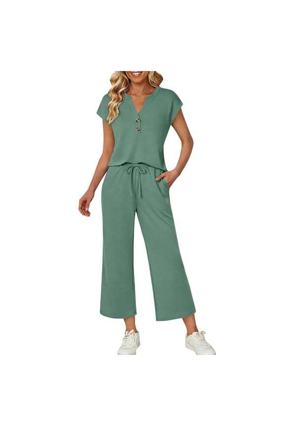 Womens 2 Piece V Neck Top Wide Leg Cropped Pants Set Short Sleeve Elastic Waist Loungewear Breathable Wrinkle-Free Casual Loose Fit Conjunto de Ropa para Mujer