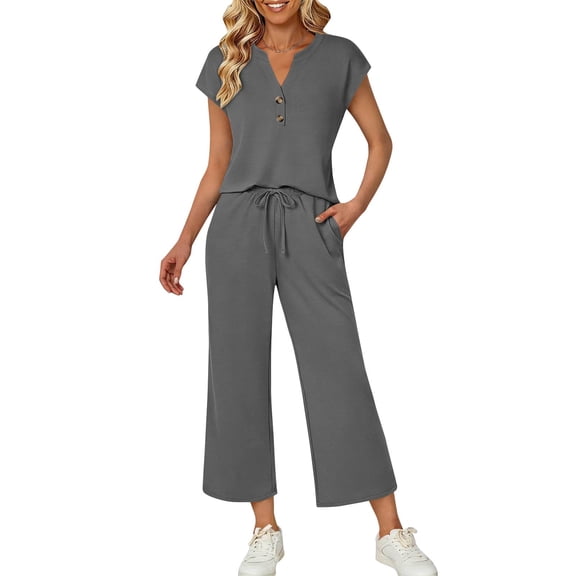 Caywon Womens 2 Piece V Neck Top Wide Leg Cropped Pants Set Short Sleeve Elastic Waist Loungewear Breathable Wrinkle-Free Casual Loose Fit Conjunto de Ropa para Mujer
