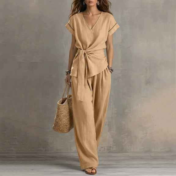 Caywon Womens 2 Piece V Neck Wrap Top Wide Leg Pants Set Short Sleeve Elastic Waist Loungewear Breathable Wrinkle-Free Casual Loose Fit Conjunto de Ropa para Mujer