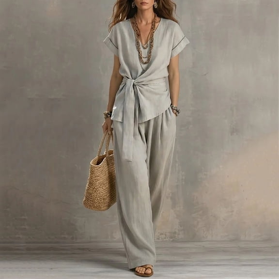 Caywon Womens 2 Piece V Neck Wrap Top Wide Leg Pants Set Short Sleeve Elastic Waist Loungewear Breathable Wrinkle-Free Casual Loose Fit Conjunto de Ropa para Mujer