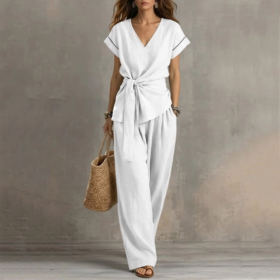 Caywon Womens 2 Piece V Neck Wrap Top Wide Leg Pants Set Short Sleeve Elastic Waist Loungewear Breathable Wrinkle-Free Casual Loose Fit Conjunto de Ropa para Mujer