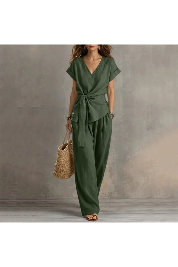 Womens 2 Piece V Neck Wrap Top Wide Leg Pants Set Short Sleeve Elastic Waist Loungewear Breathable Wrinkle-Free Casual Loose Fit Conjunto de Ropa para Mujer