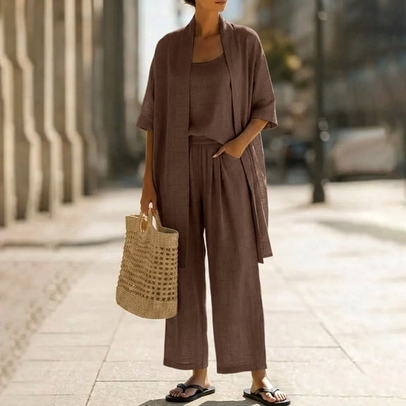 Caywon Womens 3 Piece Solid Open Front Cardigan Cami Top & Elastic Waist Long Pants Set Casual Loungewear Loose Fit Conjunto de Ropa para Mujer