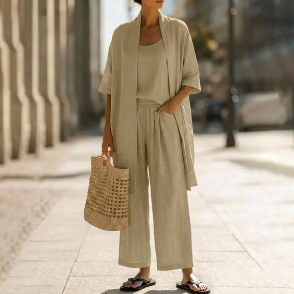 Caywon Womens 3 Piece Solid Open Front Cardigan Cami Top & Elastic Waist Long Pants Set Casual Loungewear Loose Fit Conjunto de Ropa para Mujer