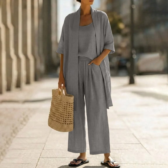 Caywon Womens 3 Piece Solid Open Front Cardigan Cami Top & Elastic Waist Long Pants Set Casual Loungewear Loose Fit Conjunto de Ropa para Mujer
