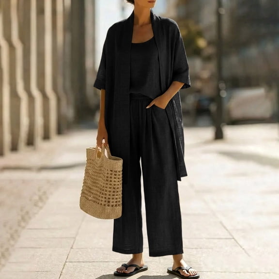 Caywon Womens 3 Piece Solid Open Front Cardigan Cami Top & Elastic Waist Long Pants Set Casual Loungewear Loose Fit Conjunto de Ropa para Mujer