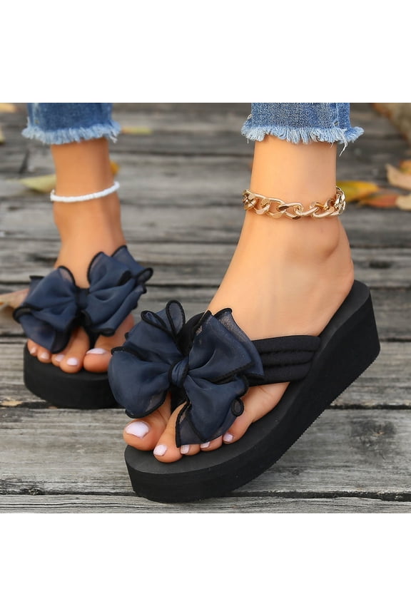 Womens Bow Decor Flip Flop Wedge Sandals, Open Toe Thick Sole Slippers, Casual Summer Beach Footwear, Comfortable Slip On Outdoor Shoes, Sandalias Flip Flop Con Moño Para Mujer
