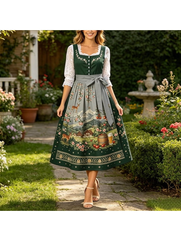 Womens Dirndl Dress Oktoberfest Bavarian Traditional Floral Print Midi A-Line with Bow Sash for Festival Party
