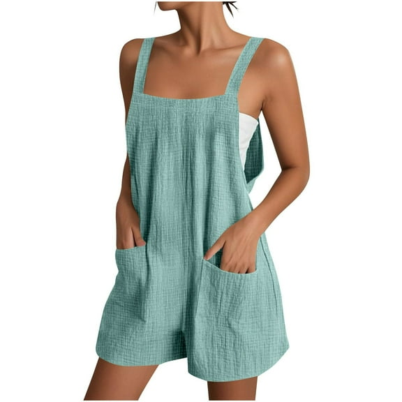Caywon Womens Fashion Summer Solids Casual Sleeveless Strappy Short Wide Leg Jumpsuit Romper Lightweight Breathable Fabric Comfortable Elastic Waist Green L