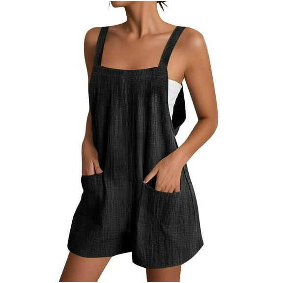 Caywon Womens Fashion Summer Solids Casual Sleeveless Strappy Short Wide Leg Jumpsuit Romper Lightweight Breathable Fabric Comfortable Elastic Waist Black L