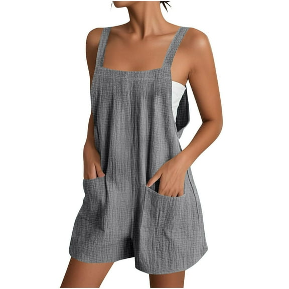 Caywon Womens Fashion Summer Solids Casual Sleeveless Strappy Short Wide Leg Jumpsuit Romper Lightweight Breathable Fabric Comfortable Elastic Waist Gray 2XL