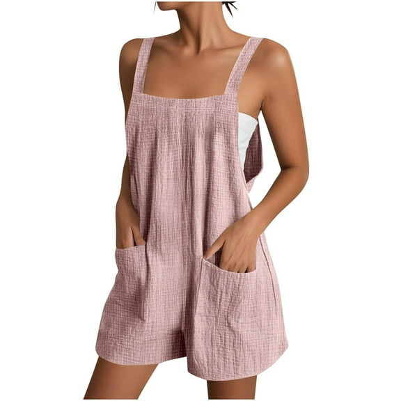 Caywon Womens Fashion Summer Solids Casual Sleeveless Strappy Short Wide Leg Jumpsuit Romper Lightweight Breathable Fabric Comfortable Elastic Waist Pink M