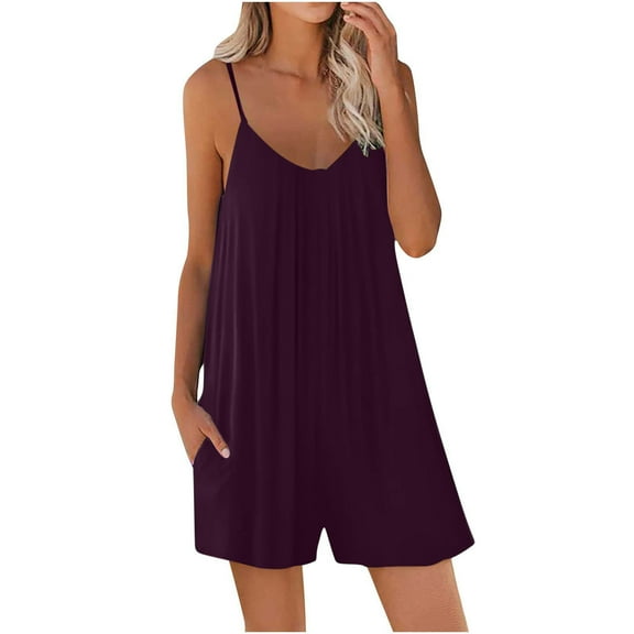 Caywon Womens Fashion Summer Solids Pocket Detail Casual Sleeveless Strappy Jumpsuit One Piece Romper Comfortable Lightweight Fabric Loose Fit Purple 2XL