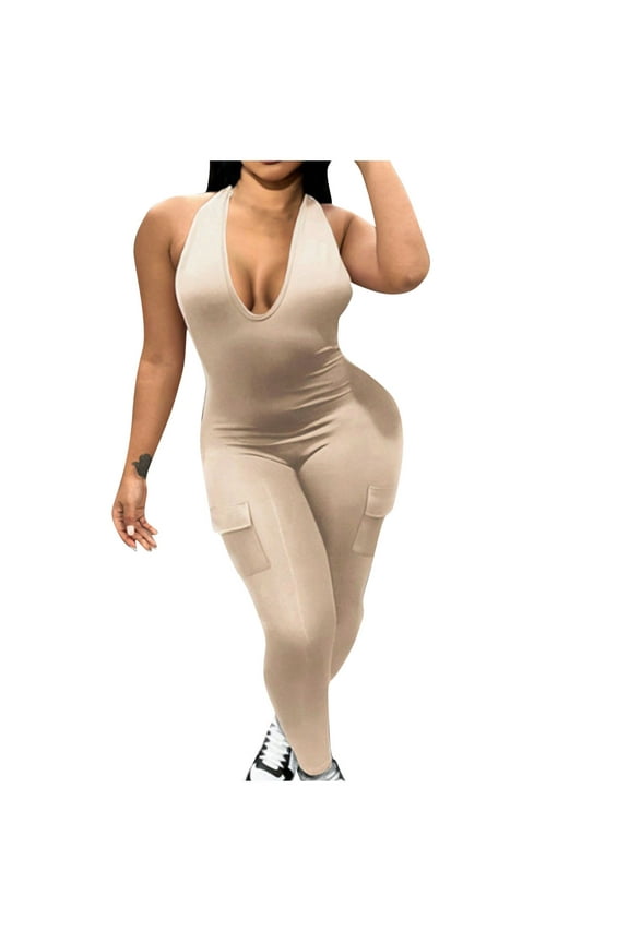Womens Fashion Tight Solid Color Zipper Design Jumpsuit Style Shaping One Piece Body Contouring Garment Contouring Jumpsuit Khaki2# S
