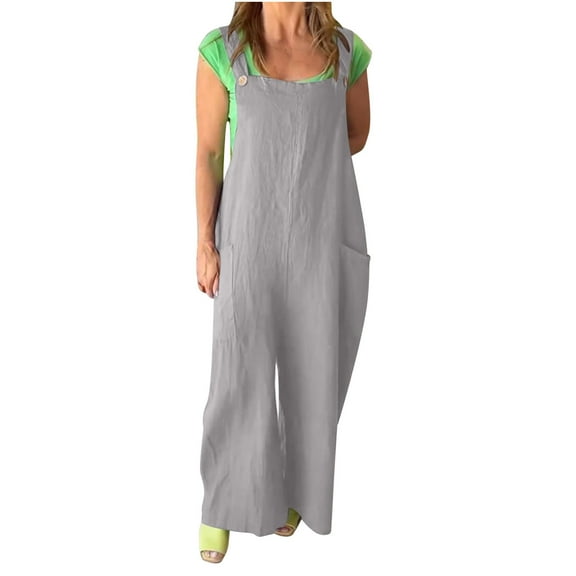 Caywon Womens Overalls Casual Loose Fit Dungarees Romper Baggy Playsuit Imitation Linen Style Jumpsuit One Piece Outfit Comfortable Lightweight Fabric Relaxed Gray 2XL
