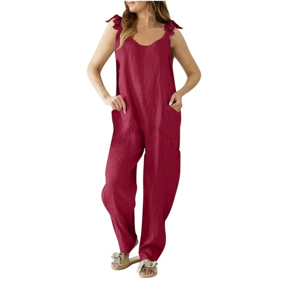 Caywon Womens Overalls Casual Loose Fit Dungarees Romper Baggy Playsuit Imitation Linen Style Jumpsuit One Piece Outfit Comfortable Lightweight Fabric Relaxed Wine1# 2XL