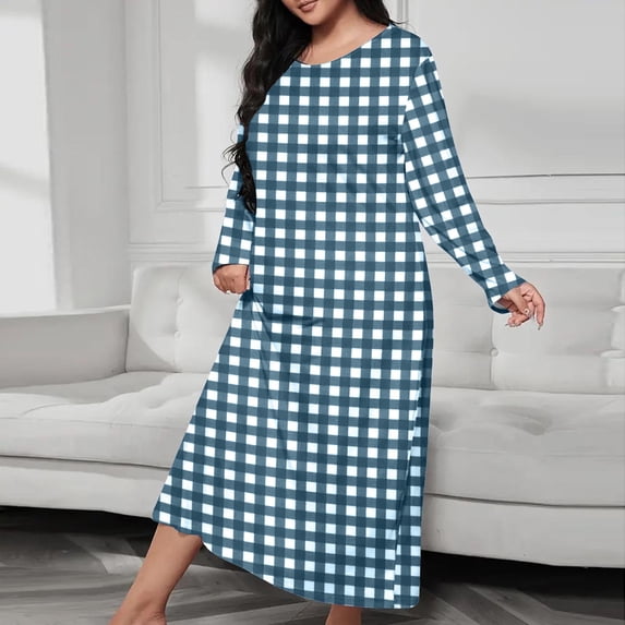 Caywon Womens Plaid Robes Casual Loose Pajamas Comfy Soft Home Wear Long Sleeve Plus Size Nightdress Cute Mid Sleepwear