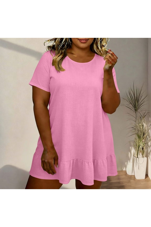 Womens Plus Size Round Neck Short Sleeve Mini Dress, Casual Loose Fit Solid Summer Sundress with Pockets, Lightweight Tunic Dress, Vestido Corto Talla Grande