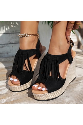 Womens Round Toe Fringe Wedge Sandals, Open Toe Thick Sole Summer Footwear, Adjustable Buckle Casual Shoes, Sandalias Con Flecos Para Mujer