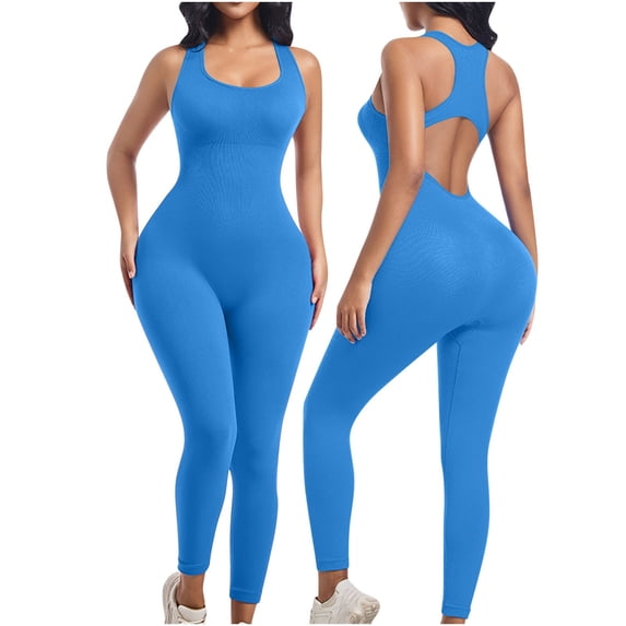 Caywon Womens Solid Color Garment Figure Enhancing Clothing Fitness Sports Jumpsuit with Bust Support One Piece Smoothing Undergarment Blue S