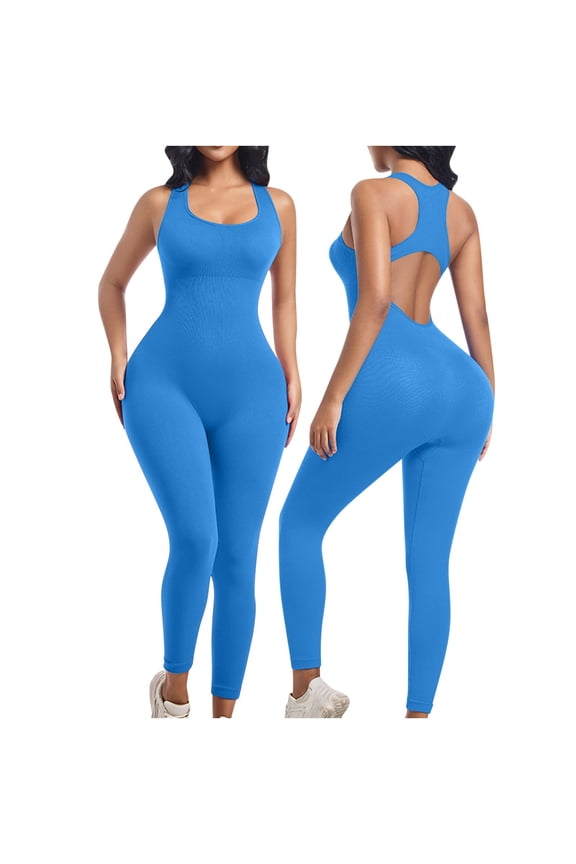 Womens Solid Color Garment Figure Enhancing Clothing Fitness Sports Jumpsuit with Bust Support One Piece Smoothing Undergarment Blue S