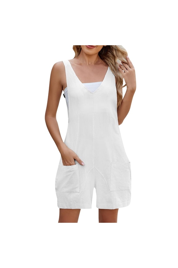 Womens Solid Color Lace Up Detail Pocket Casual Fashion Romper One Piece Jumpsuit Comfortable Lightweight Fabric Loose Fit White M