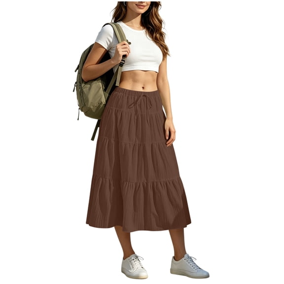 Caywon Womens Summer Solid Color Tiered Midi Skirt Elastic Drawstring Waist Flowy A-Line Skirt with Pockets for Daily Vacation Wear Falda Midi para Mujer