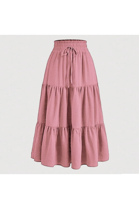 Womens Summer Tiered Maxi Skirt Elastic High Waist Pleated Flowy Long Skirt Casual Swing Skirt for Daily Vacation Beach Wear Falda Larga para Mujer