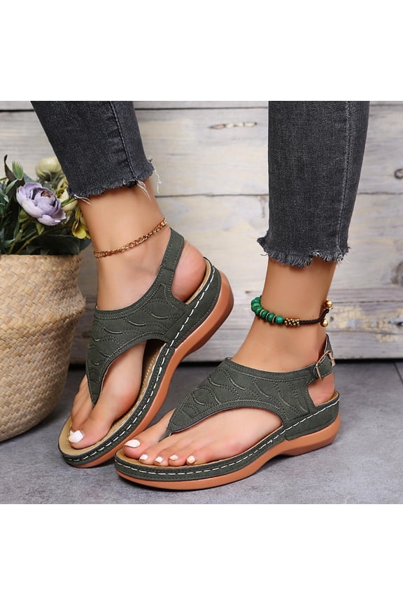 Womens T-Strap Boho Wedge Sandals Comfortable Slip On Round Toe Back Strap Flip Flops for Summer Beach Vacation Daily Casual