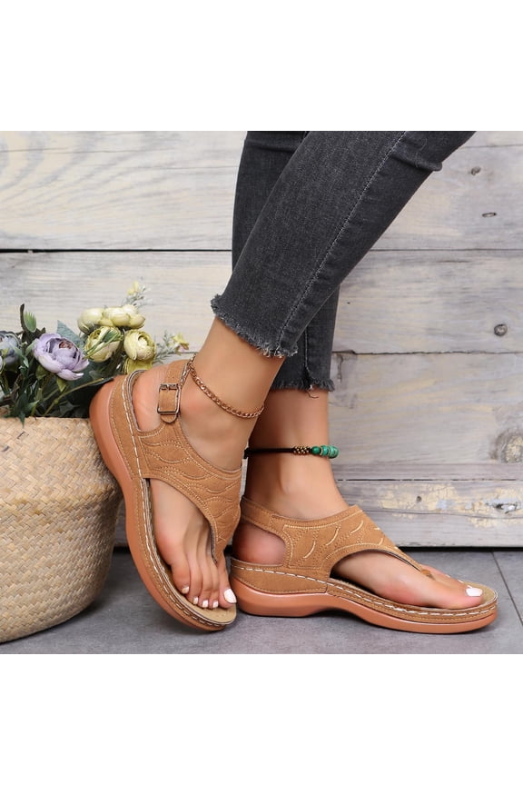 Womens T-Strap Boho Wedge Sandals Comfortable Slip On Round Toe Back Strap Flip Flops for Summer Beach Vacation Daily Casual