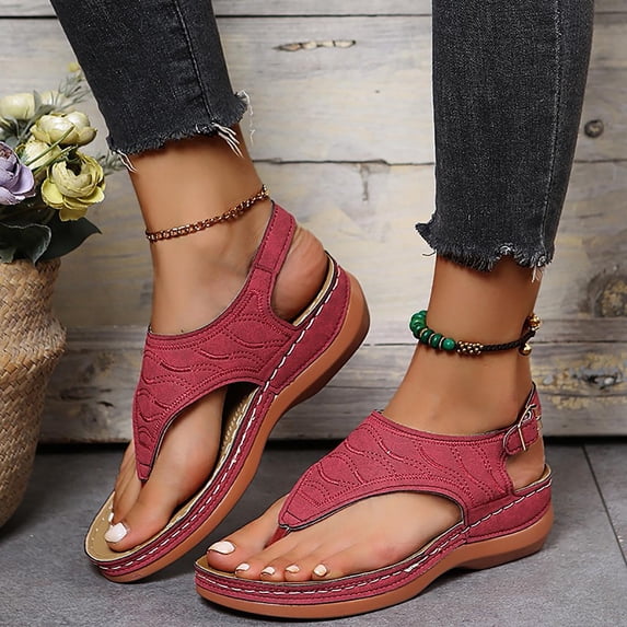 Caywon Womens T-Strap Boho Wedge Sandals Comfortable Slip On Round Toe Back Strap Flip Flops for Summer Beach Vacation Daily Casual