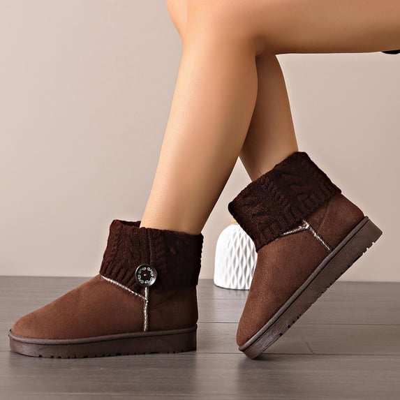 Caywon Womens Winter Warm Ankle Boots Knit Cuff Plush Lined Snow Booties Thick Sole Slip On Booties Cozy Cold Weather Shoes Botas de Invierno Mujer