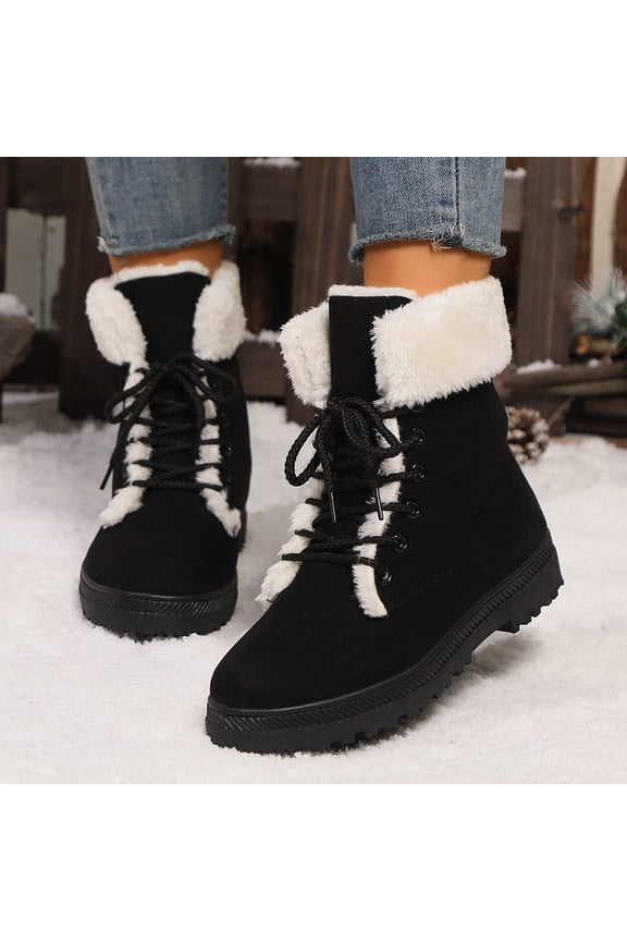 Womens Winter Warm Mid Calf Boots Plush Lined Faux Fur Collar Snow Boots Lace Up Thick Sole Ankle Booties Botas de Invierno Mujer