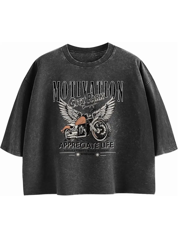 Cayxatiu Motorcycle Cropped Graphic Vintage Tees for Women Y2k Aesthetic Baggy Crop Top Acid Wash Motivation T Shirt Trendy