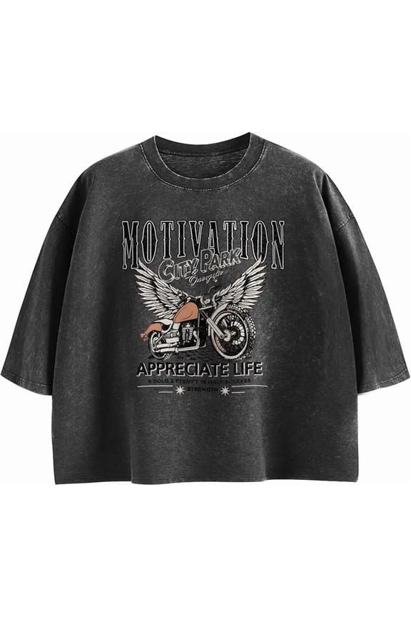 Cayxatiu Motorcycle Cropped Graphic Vintage Tees for Women Y2k Aesthetic Baggy Crop Top Acid Wash Motivation T Shirt Trendy