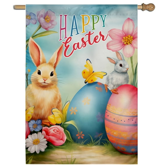 Cayyon Easter Flags 28 x 40 Double Sided, (Happy Easter House Flag) Easter Flag Banner with Bunny for Outside Vertical Holiday Yard Dcor