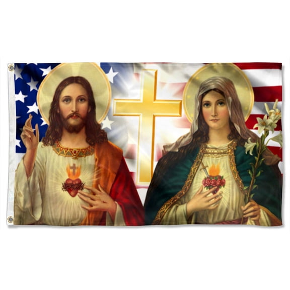Cayyon Jesus Flag 3x5Feet Jesus And Mary Grommet Flag Two Loving Hearts Flag Banner with 2 Brass Grommets