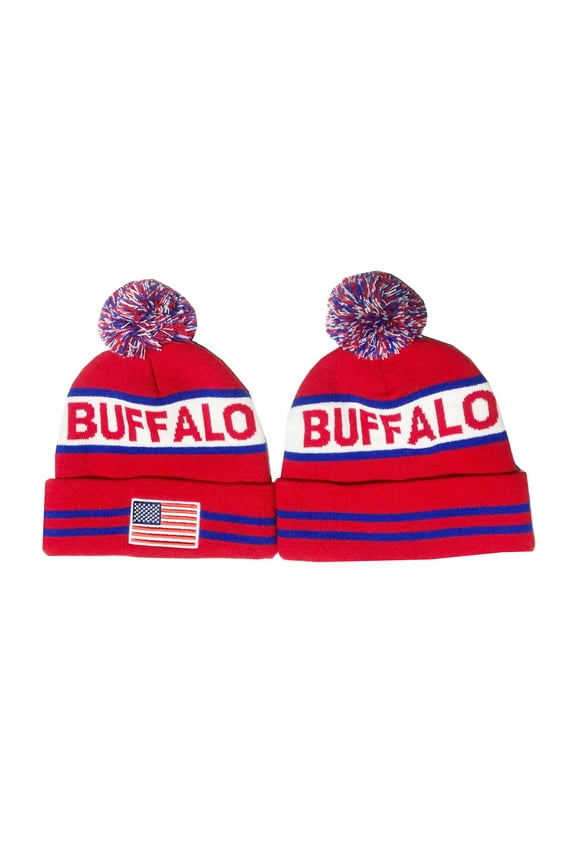 US Flag Buffalo City Football Embroidery Classic Pom Cuff Beanie Hat Cuffed Winter Hat Knit Toque Skull Cap