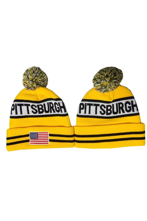 US Flag Pittsburgh City Football Embroidery Classic Pom Cuff Beanie Hat Cuffed Winter Hat Knit Toque Skull Cap