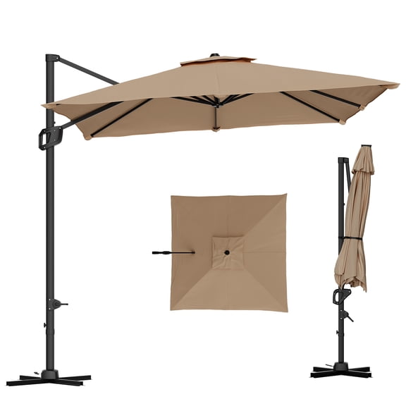 CazToi 10x10ft 2-Tier Square Outdoor Cantilever Patio Umbrella with Base