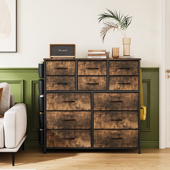 CazToi 12-Drawer Dresser with Side Pockets Fabric Dresser for Bedroom, Torage Tower with Fabric Bins Double Dressers Chest of Drawers for Closet Living Room Hallway