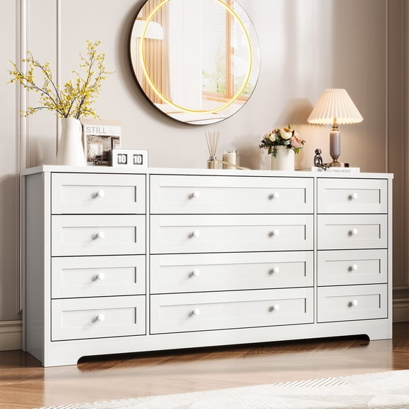 CazToi 12-Drawer Wood Dresser Modern White with 65" TV Stand Top Large Storage Cabinet