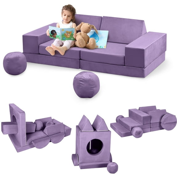 CazToi 12 Pcs Modular Kids Play Couch with 2 Balls and Tunnel Child Sectional Sofa for Playing, Sleeping & Creating