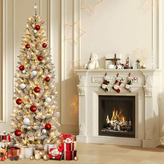CazToi 12ft Flocked Pencil Christmas Tree 200 Multicolor LED Lights Pre-Lit Snow Flocked Artificial Slim Xmas Tree