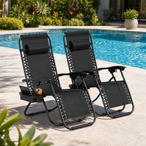 CazToi 2 Pack Oversized Folding Patio Lounge Chairs, Textilene Lawn Chairs with Adjustable Armrests, Reclining Chair Set